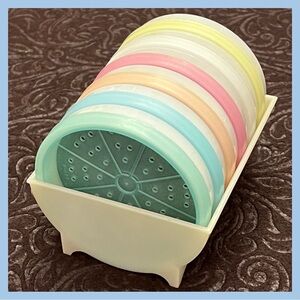 Retro Tupperware Coasters Pastel Wagon Wheel With Caddy #567-7 Vintage Set Of 6